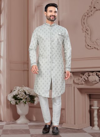 Grey Jacquard Indo Western Sherwani with Sequins and Thread Work