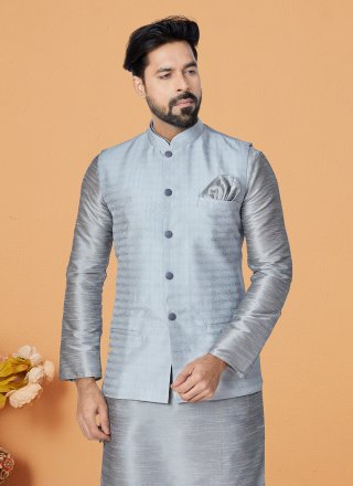 Grey Jacquard Plain Work Nehru Jackets