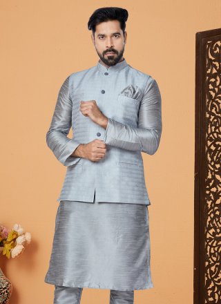 Grey Jacquard Plain Work Nehru Jackets