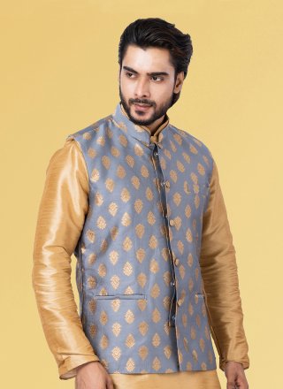 Grey Jacquard Work Silk Nehru Jackets