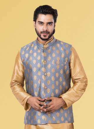 Grey Jacquard Work Silk Nehru Jackets