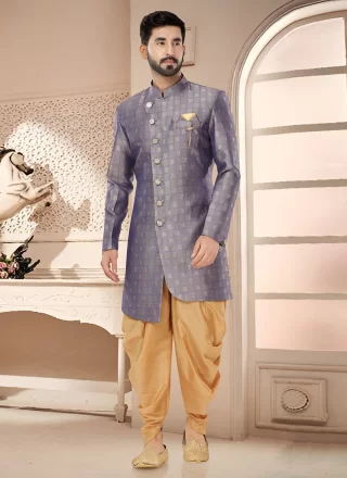 Grey Jacquard Woven Work Sherwani Mens Wear for Men