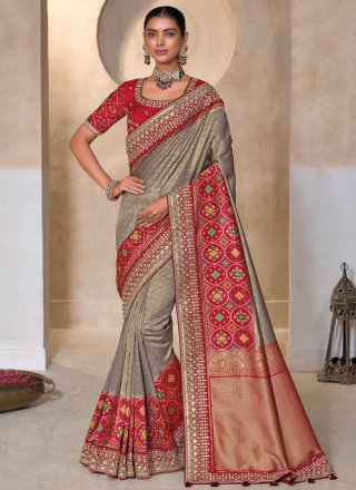 Grey Kanjivaram Silk Traditional Saree with Khatli and Patola Print Work