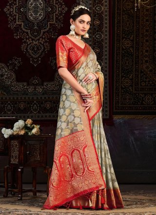 Grey Kanjivaram Silk Woven Work Contemporary Sari for Engagement
