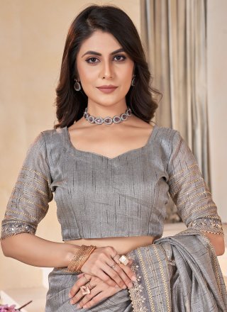 Grey Linen Gota Work Trendy Saree