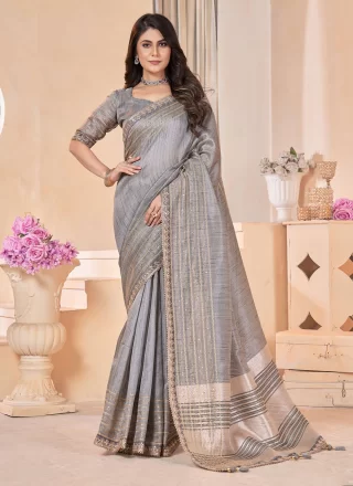 Grey Linen Gota Work Trendy Saree