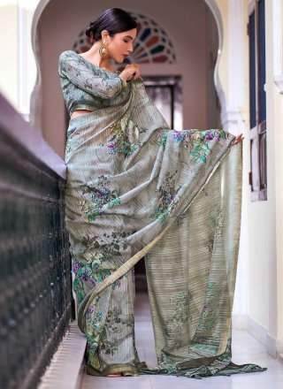 Grey Linen Trendy Saree with Digital Print Work for Ceremonial