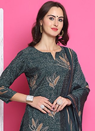 Grey Muslin Pant Style Suit with Digital Print Work