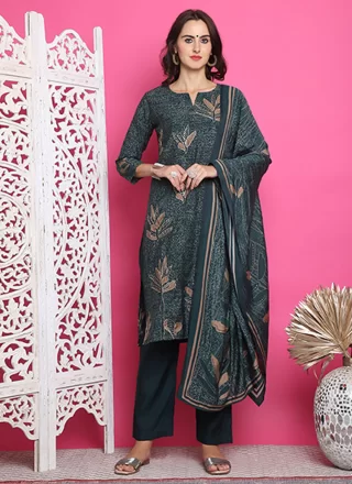 Grey Muslin Pant Style Suit with Digital Print Work