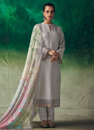 Grey Muslin Trendy Suit with Embroidered and Resham Thread Work
