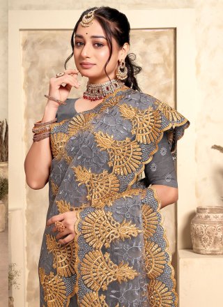 Grey Net Classic Sari with Embroidered, Resham and Stone Work for Ceremonial