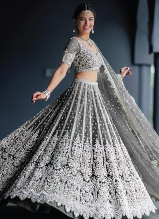 Party Wear Black and Grey color Cotton fabric Lehenga : 1603191