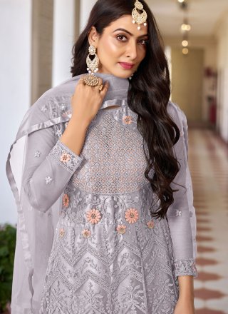 Grey Net Embroidered and Sequins Work Anarkali Suit