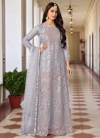 Grey Net Embroidered and Sequins Work Anarkali Suit