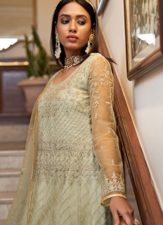 Grey Net Embroidered, Stone and Thread Work Floor Length Salwar Suit