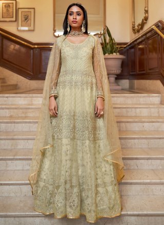 Grey Net Embroidered, Stone and Thread Work Floor Length Salwar Suit