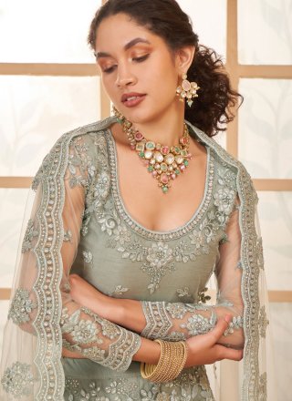 Grey Net Lehenga Choli with Cord, Floral Patch, Stone and Thread Work