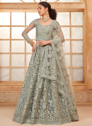 Grey Net Lehenga Choli with Cord, Floral Patch, Stone and Thread Work