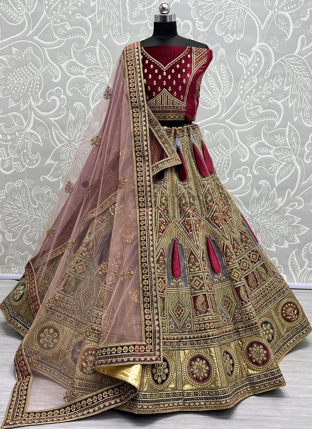 Maroon Velvet Bridal Lehenga Choli All Over Embellished Thread Work and  Soft Net Dupatta | Exotic India Art