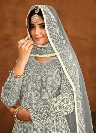 Grey Net Salwar Suit with Embroidered and Resham Work for Women