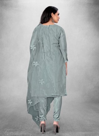 Grey Organza Churidar Suit with Embroidered Work for Ceremonial