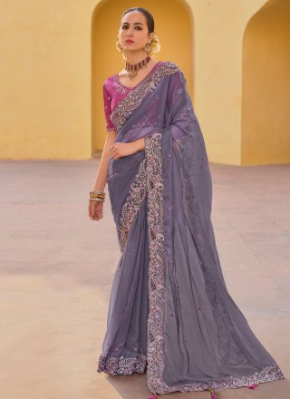 Grey Organza Cut, Embroidered and Sequins Work Classic Saree for Ceremonial