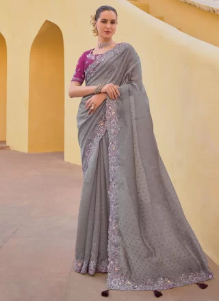 Grey Organza Cut, Embroidered and Sequins Work Contemporary Saree for Ceremonial