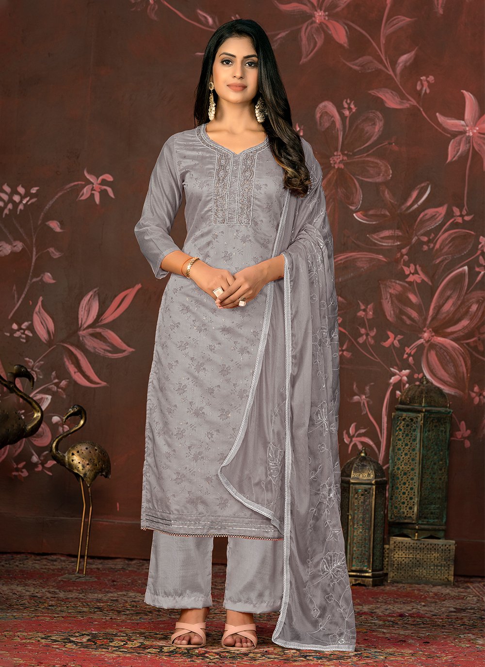 Elegant Grey Suit Set with Hand Embroidery and Complementing Dupatta | –  Cation Clothing