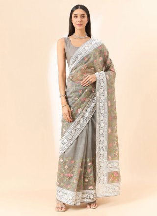 Grey Organza Embroidered and Floral Patch Work Classic Saree