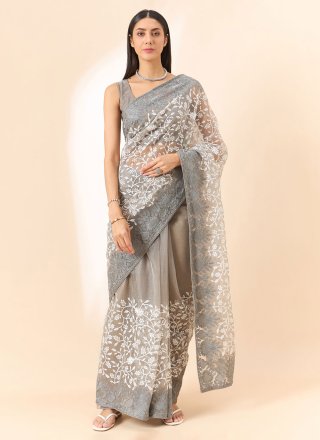 Grey Organza Embroidered and Floral Patch Work Contemporary Saree