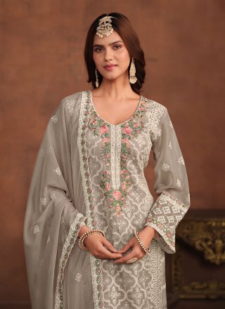 Grey Organza Embroidered and Sequins Work Pant Style Suit for Ceremonial