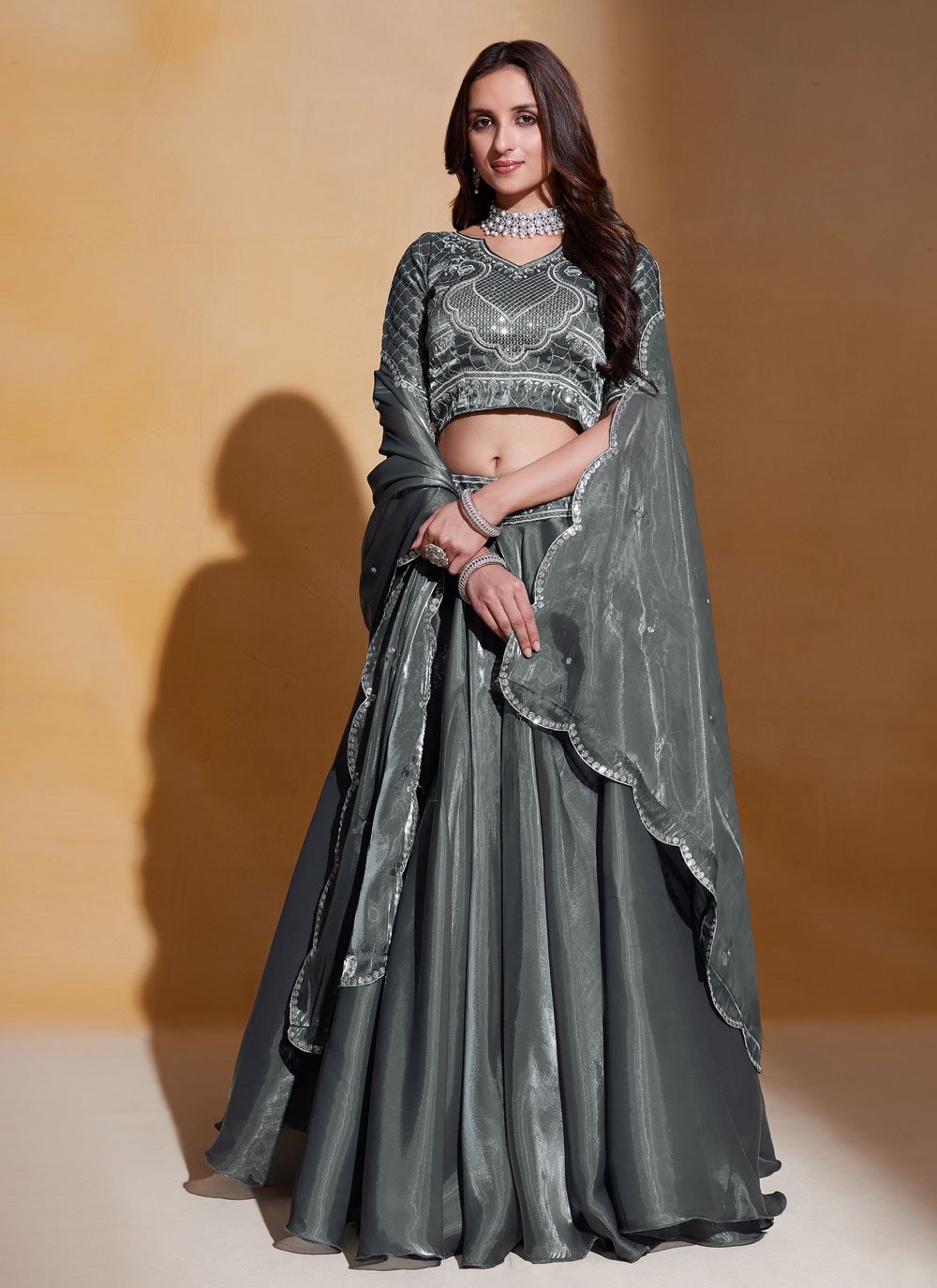 grey organza lehenga choli with embroidered and sequins work for women 277379