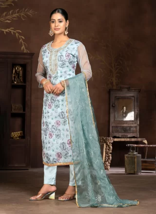 Grey Organza Trendy Suit with Hand and Print Work for Women