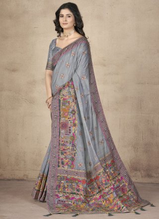 Grey Pashnima Silk Contemporary Sari with Thread, Weaving and Zari Work