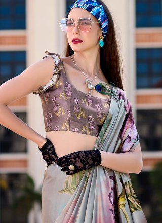 Grey Pure Crepe Abstract Print Work Designer Saree for Casual