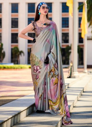 Grey Pure Crepe Abstract Print Work Designer Saree for Casual