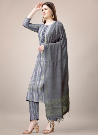 Grey Rayon Embroidered and Print Work Salwar Suit for Casual