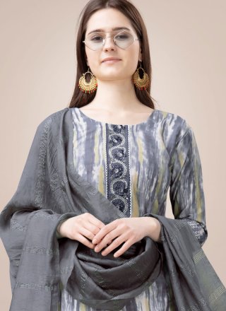 Grey Rayon Embroidered and Print Work Salwar Suit for Casual