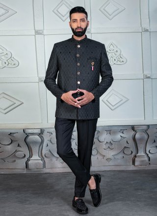 Grey Rayon Embroidered Work Jodhpuri Suit for Ceremonial