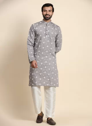 Grey Rayon Embroidered Work Kurta Pyjama