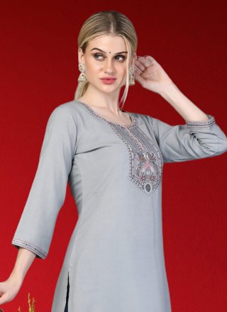 Grey Rayon Embroidered Work Salwar Suit