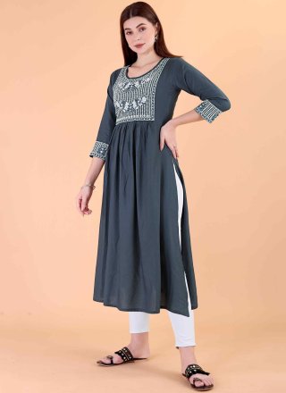 Grey Rayon Party Wear Kurti with Embroidered Work for Women