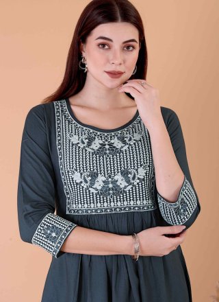 Grey Rayon Party Wear Kurti with Embroidered Work for Women