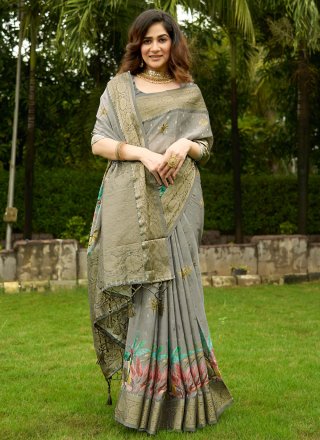 Grey Satin Designer Saree