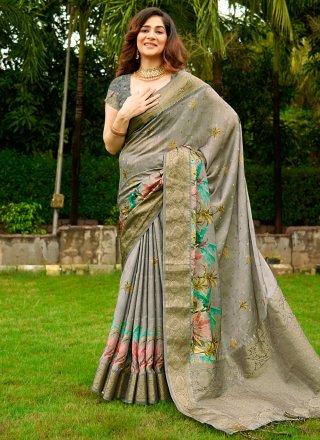 Grey Satin Designer Saree
