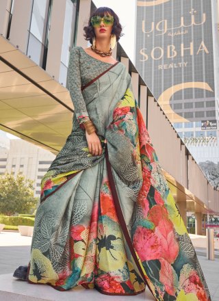 Grey Satin Digital Print Work Classic Sari for Casual