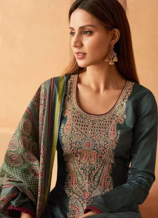 Grey Satin Embroidered Work Salwar Suit