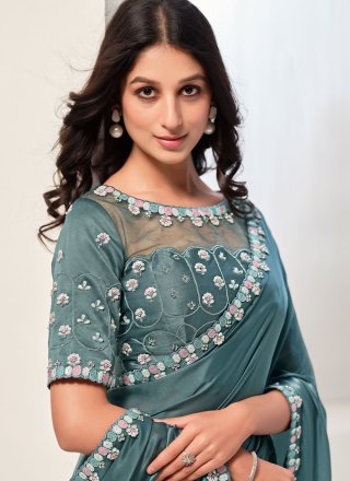 Grey Satin Silk Patch Border and Sequins Work Trendy Saree for Ceremonial