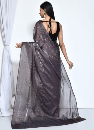 Grey Satin Silk Stone Work Contemporary Sari for Ceremonial