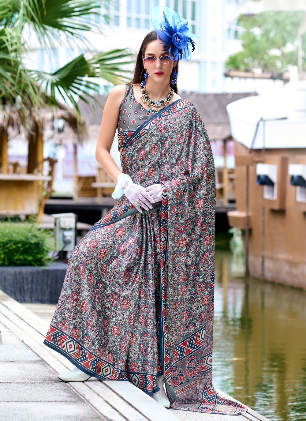 Grey Satin Silk Trendy Saree with Print Work for Casual